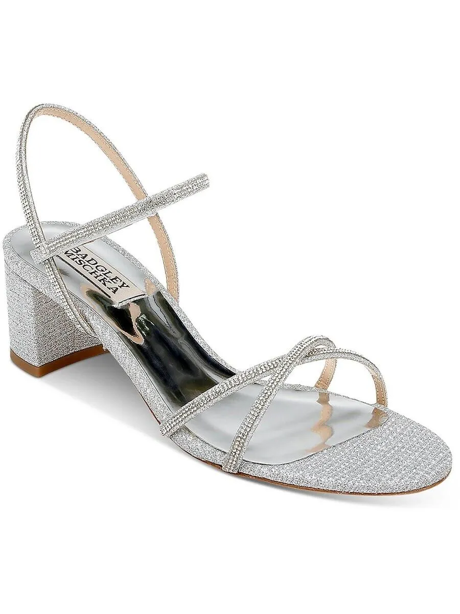 Badgley Mischka Ultima Sandals Women's 7 Leather Embellished Block Heel ZPO1636 (Silver,7)