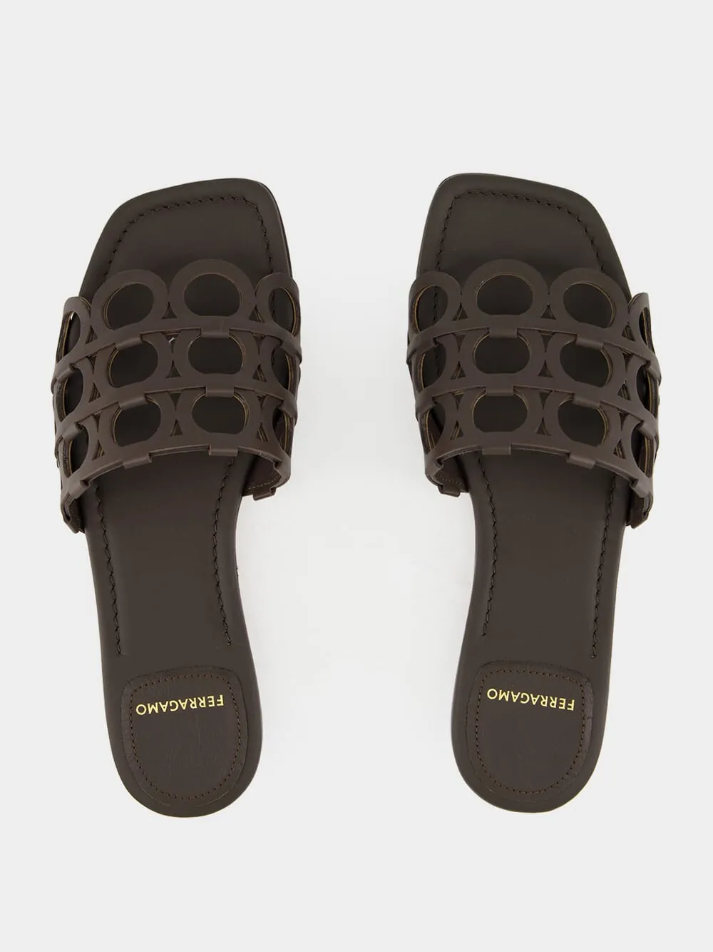 Brown Gancini Chain Leather Slides