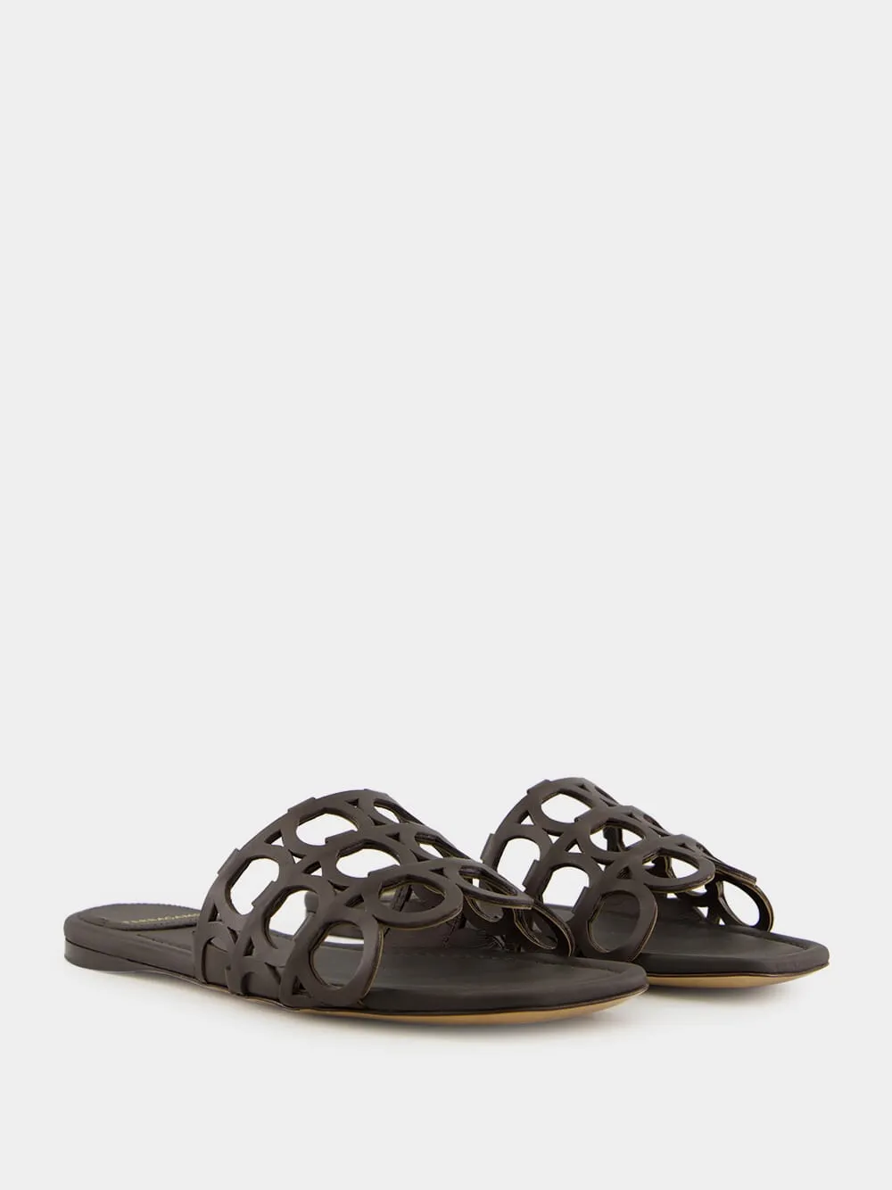 Brown Gancini Chain Leather Slides