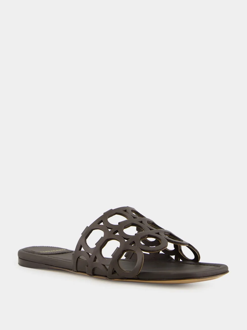 Brown Gancini Chain Leather Slides