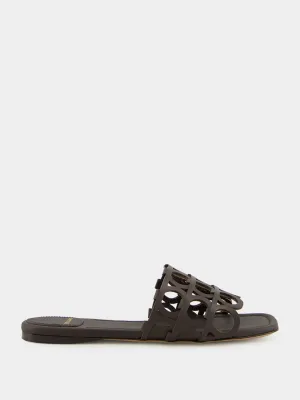 Brown Gancini Chain Leather Slides