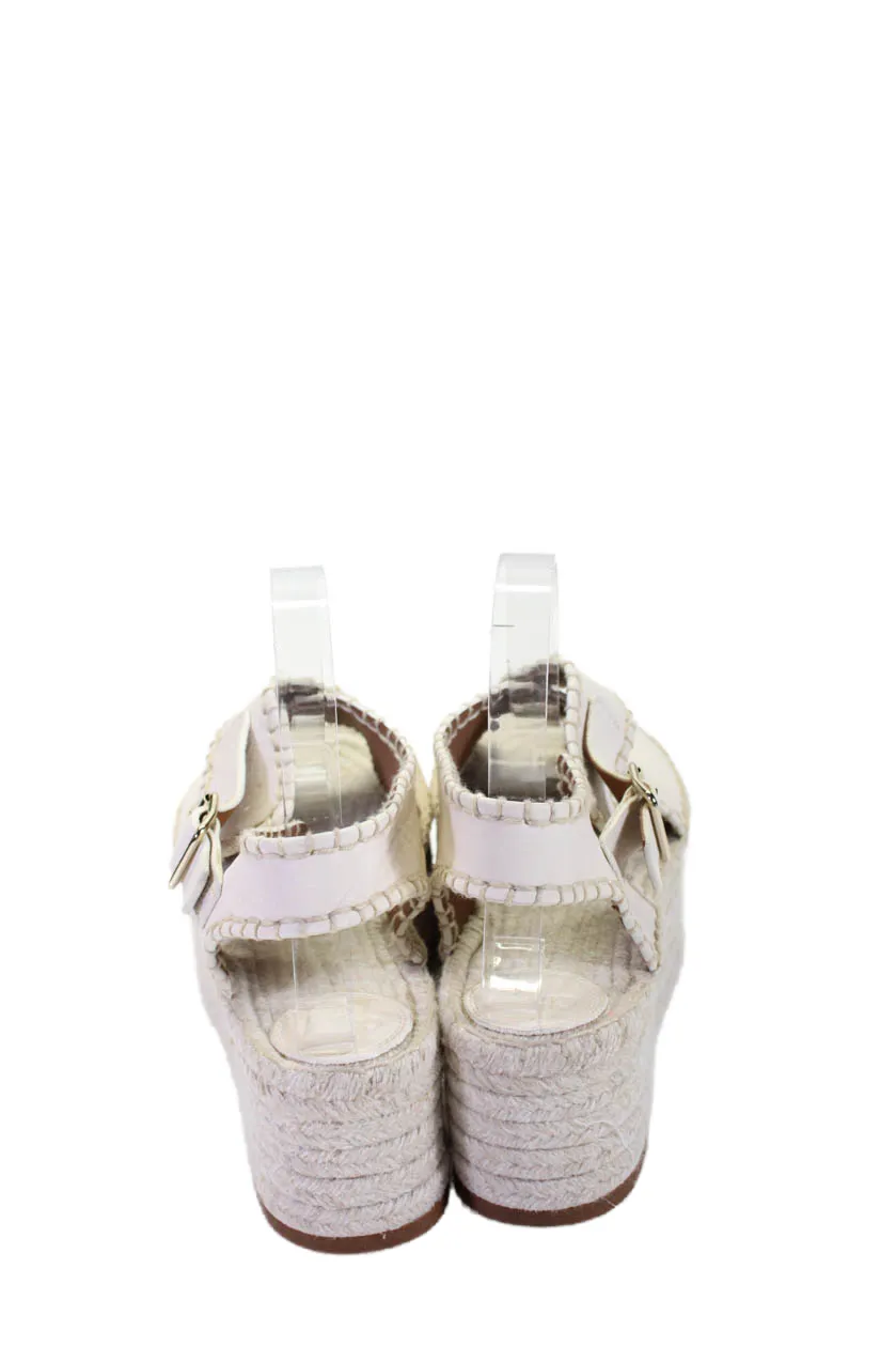 Chloe Womens Leather Whipstitch Trim Platform Espadrilles Sandals White