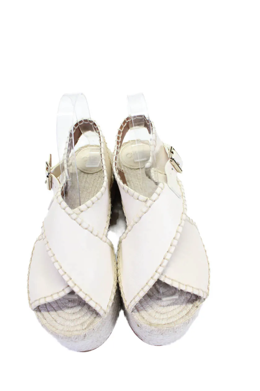 Chloe Womens Leather Whipstitch Trim Platform Espadrilles Sandals White
