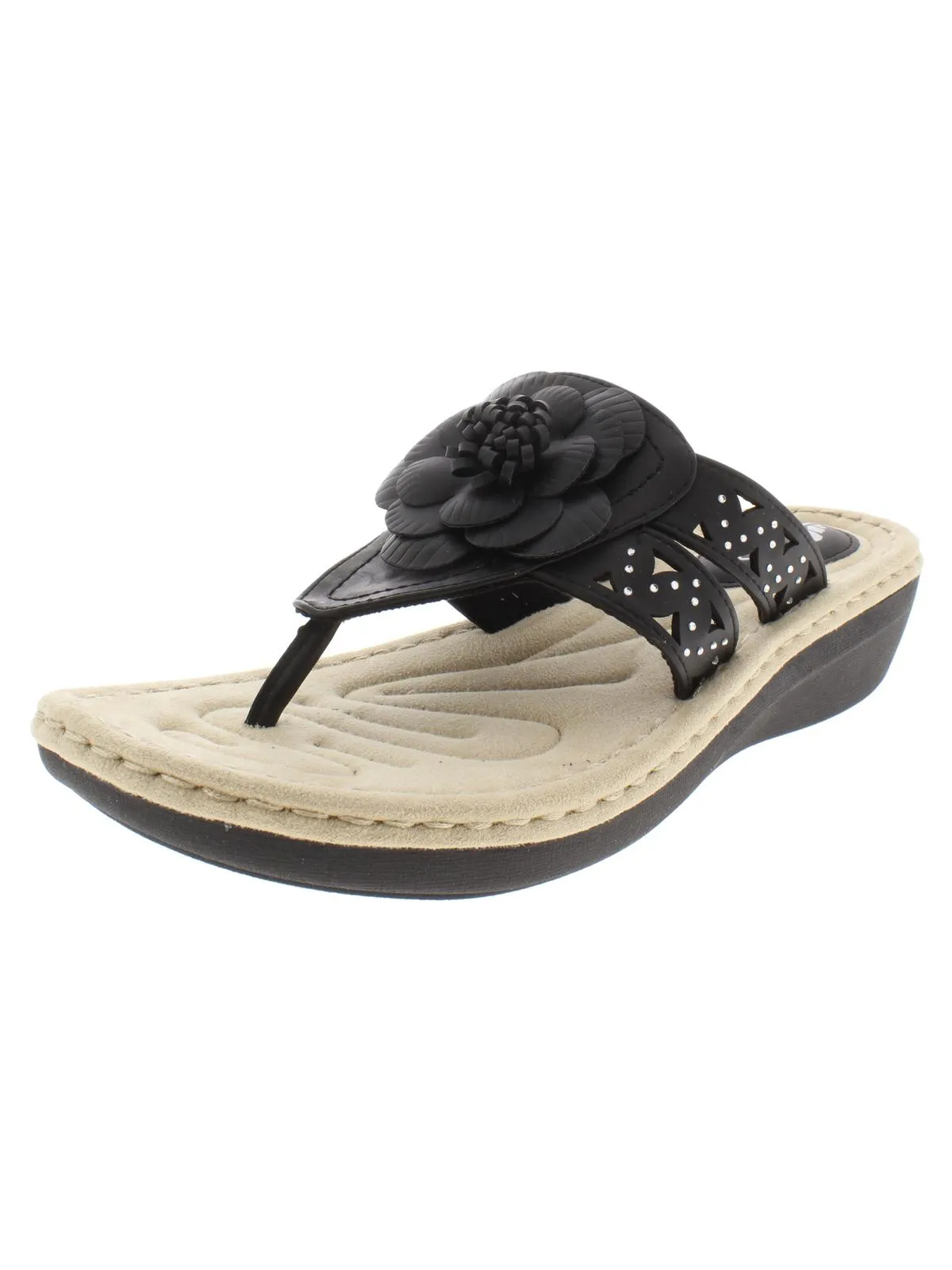 Cynthia Womens Faux Leather Thong Wedge Sandals
