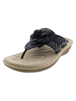 Cynthia Womens Faux Leather Thong Wedge Sandals