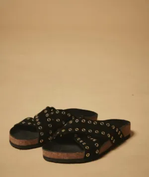 Edna Eyelet Sandal In Black Suede