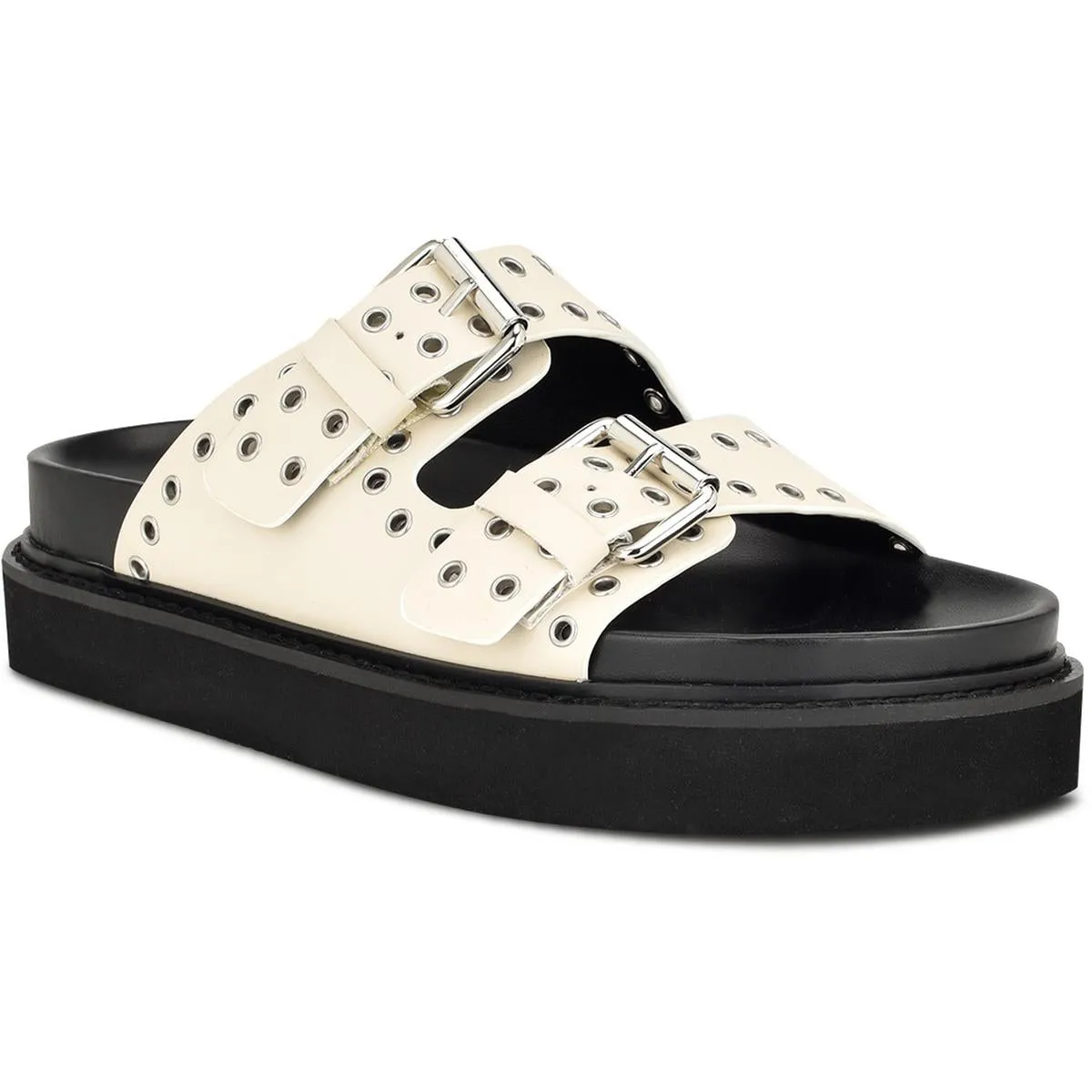 ELENY3 Womens Buckle Faux Leather Slide Sandals