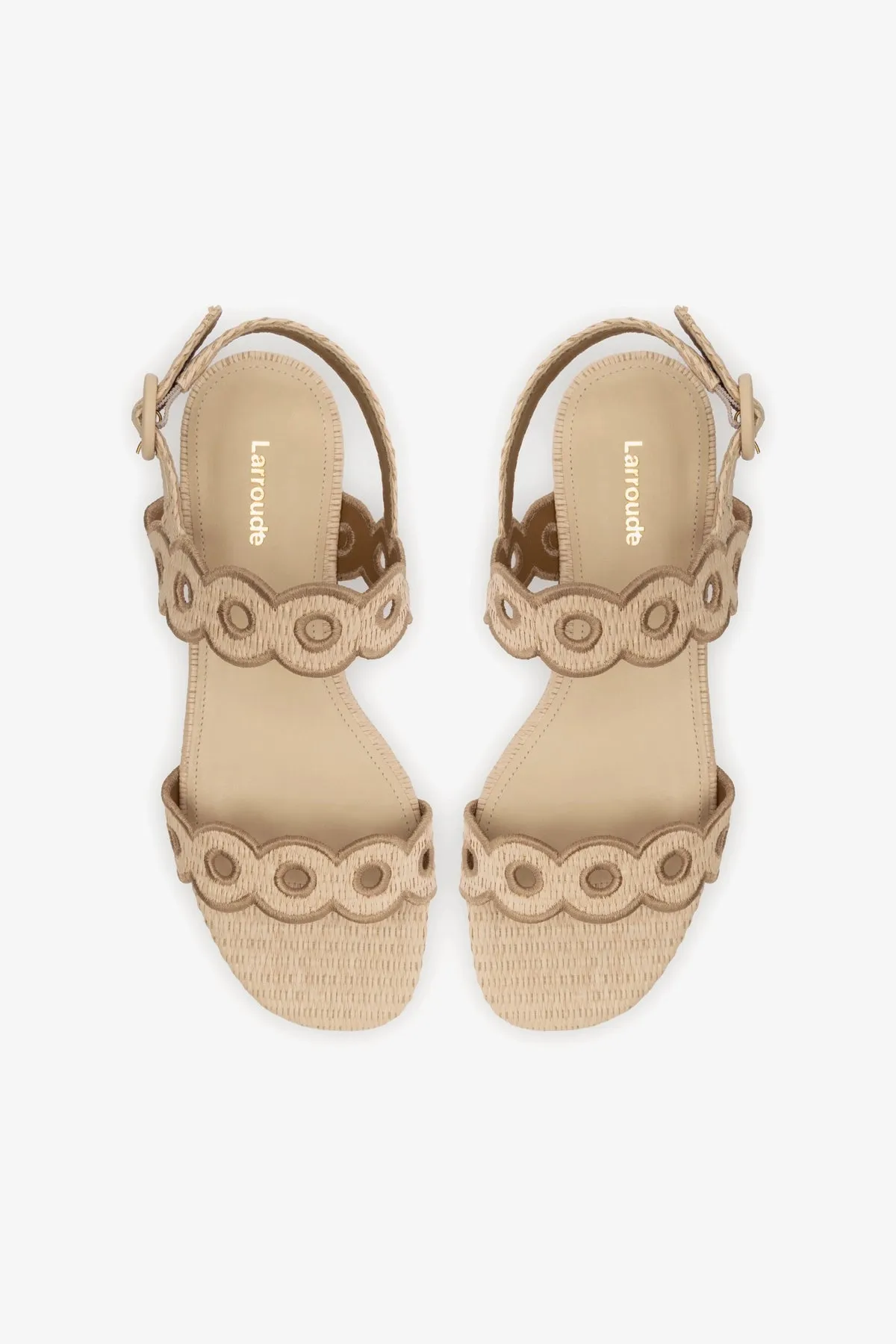 Florence Broderie Flat Sandal In Natural Raffia and Hazelnut Trimming