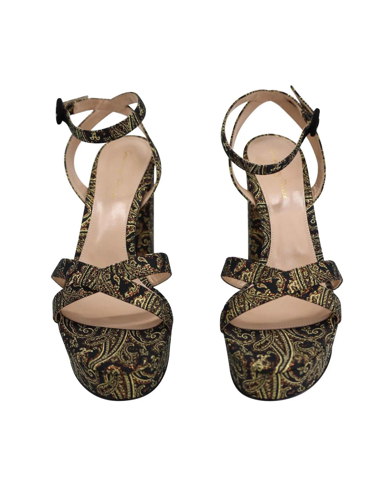 Gianvito Rossi Poppy 70 Paisley Sandals in Black and Gold Brocade