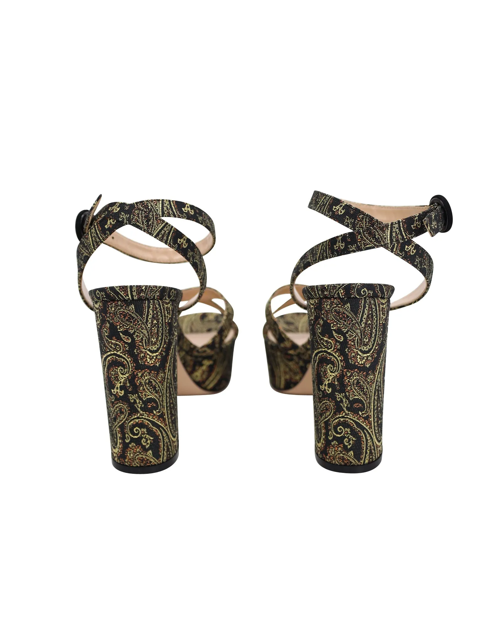Gianvito Rossi Poppy 70 Paisley Sandals in Black and Gold Brocade