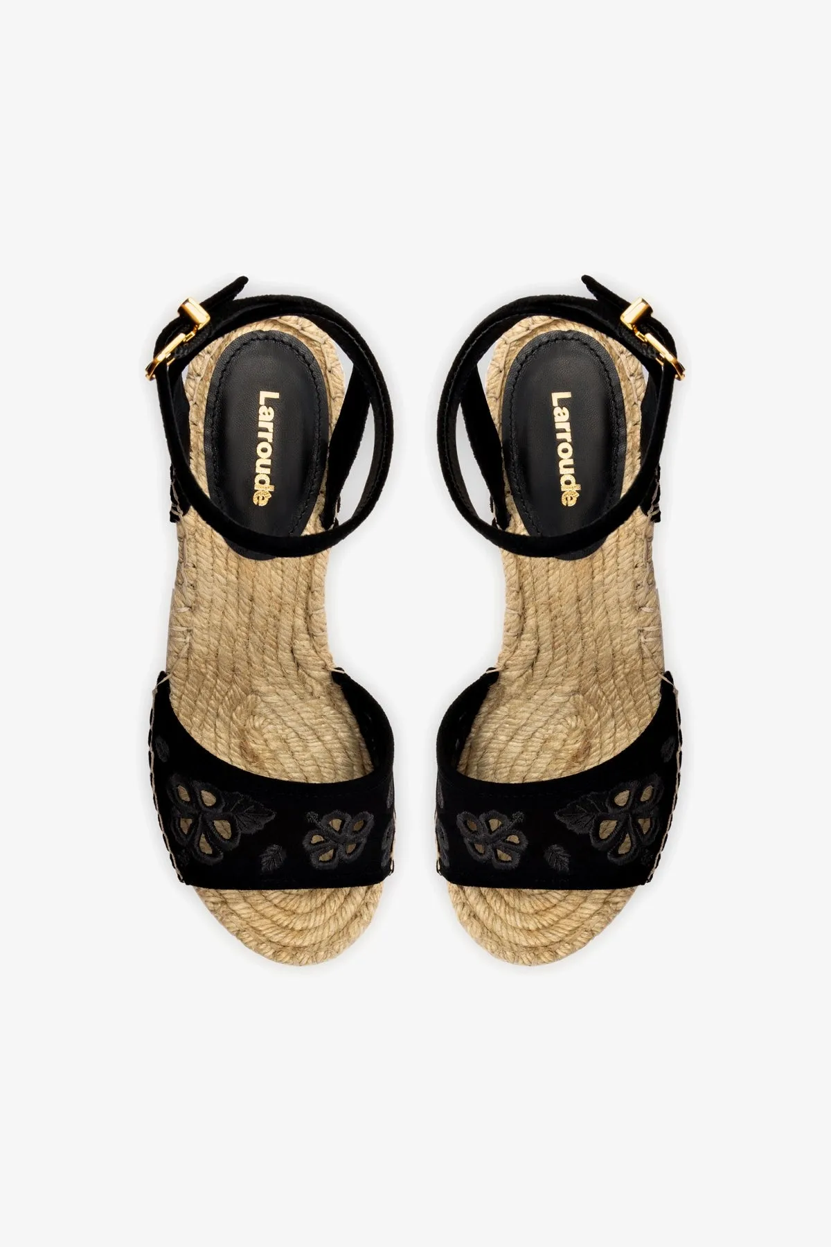Letizia Espadrille Wedge In Black Suede and Hibiscus Broderie