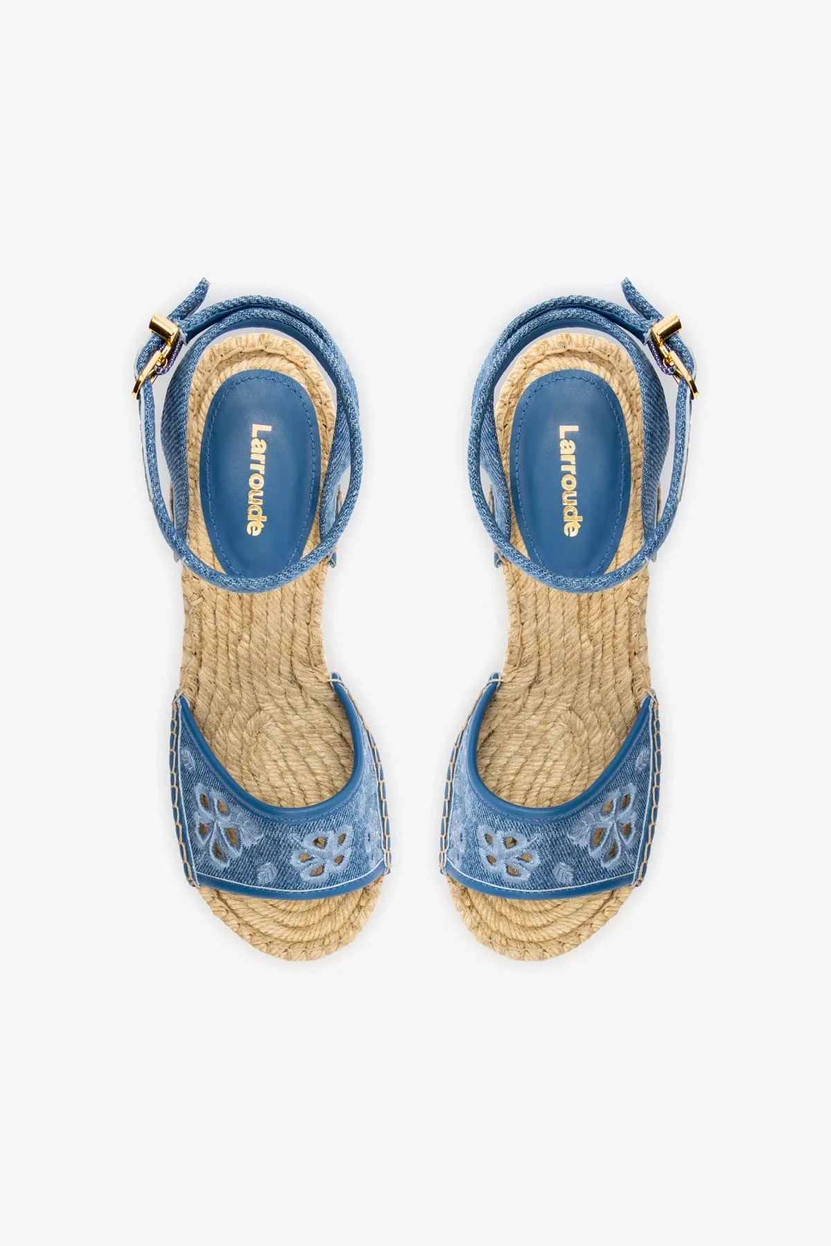 Letizia Espadrille Wedge In Blue Stoned Denim and Hibiscus Broderie