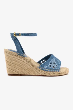 Letizia Espadrille Wedge In Blue Stoned Denim and Hibiscus Broderie