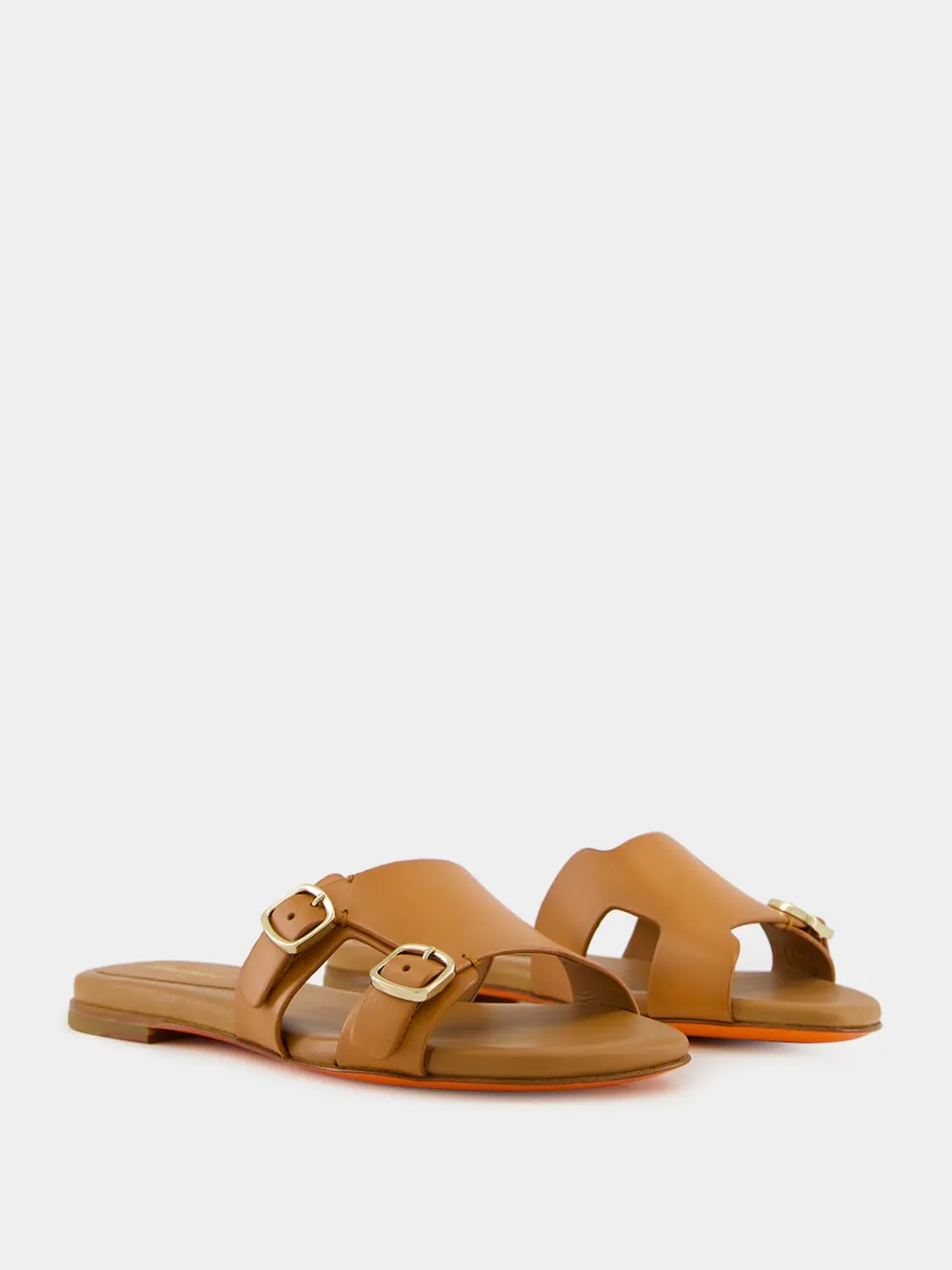 Light Brown Leather Double-Buckle Slide Sandal