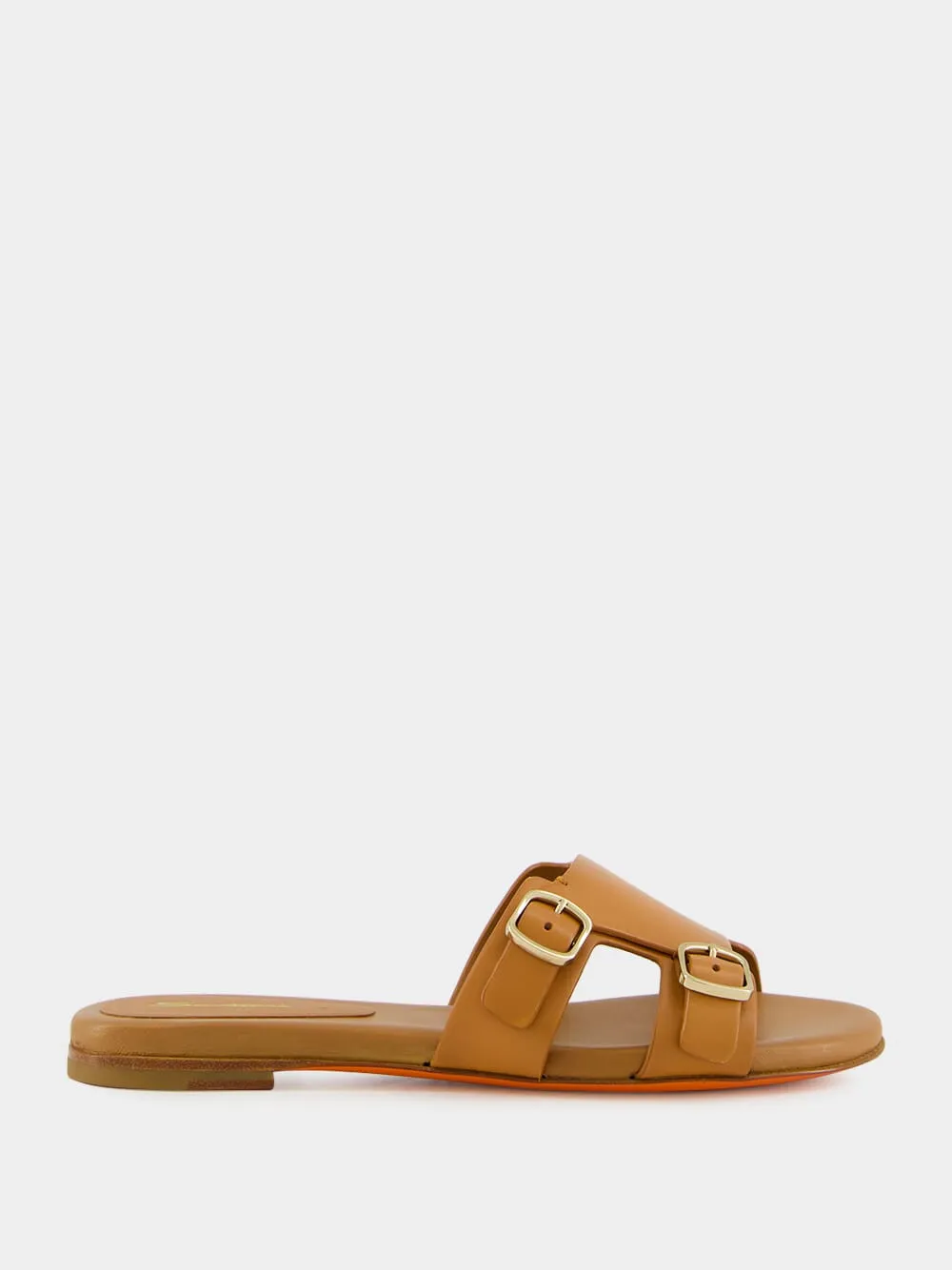 Light Brown Leather Double-Buckle Slide Sandal
