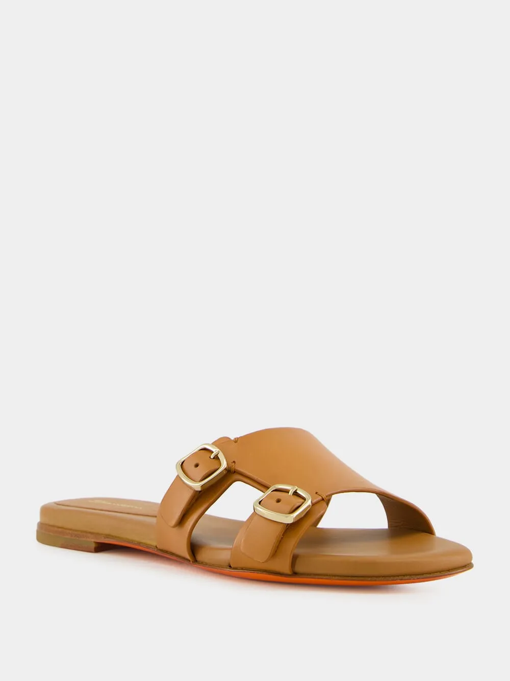 Light Brown Leather Double-Buckle Slide Sandal