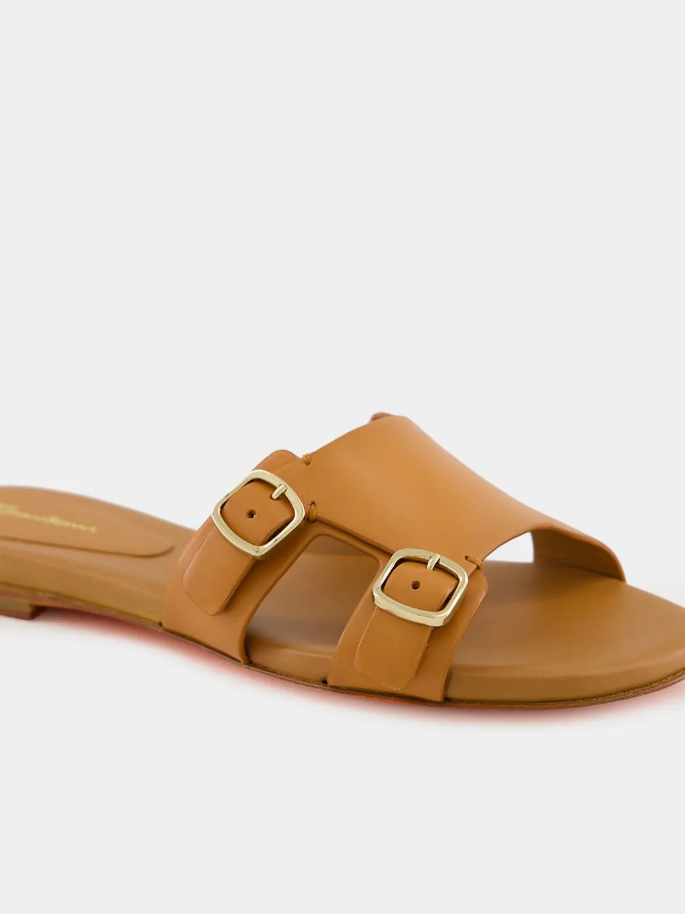 Light Brown Leather Double-Buckle Slide Sandal