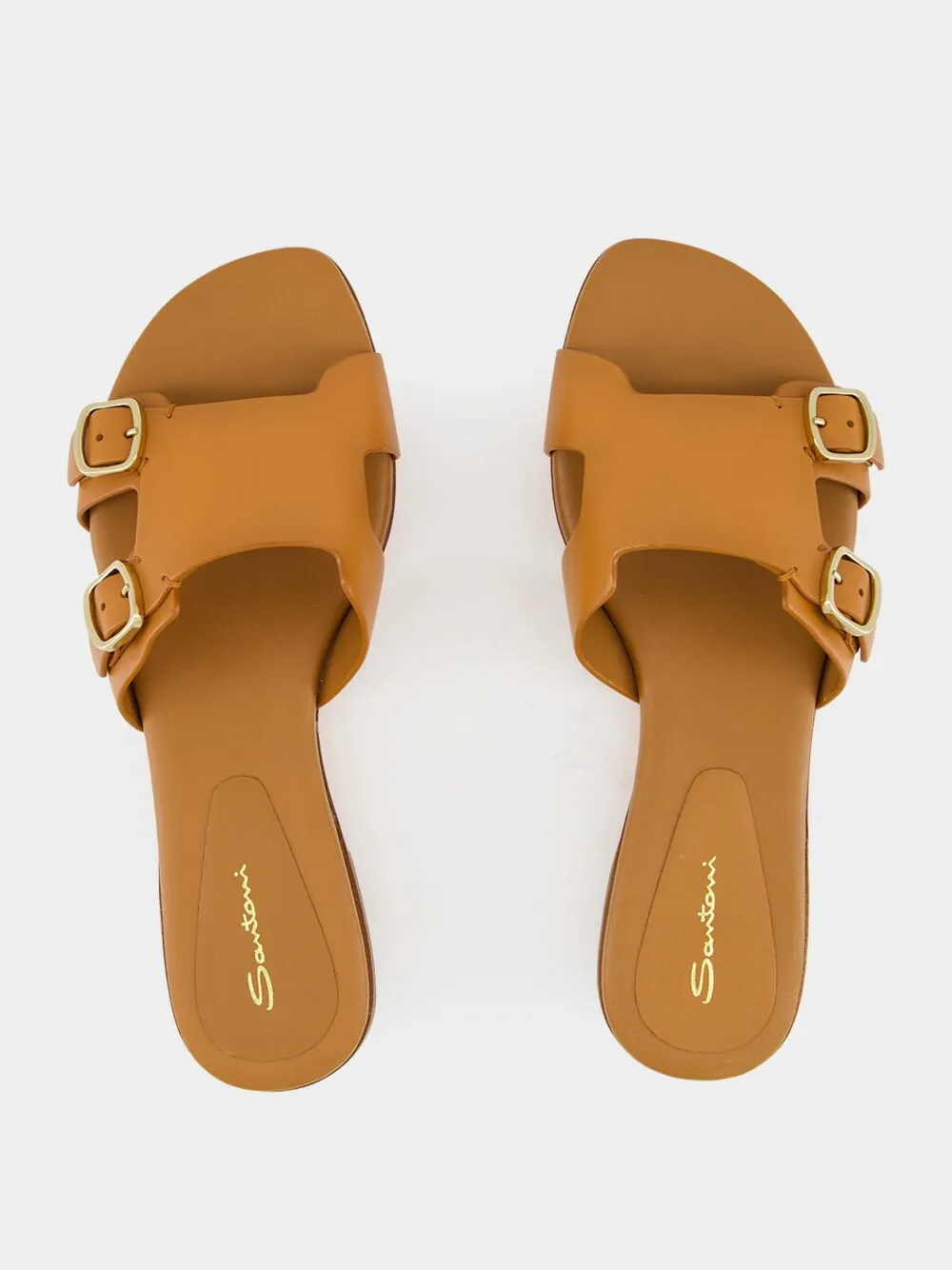 Light Brown Leather Double-Buckle Slide Sandal