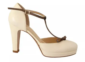 SERGIO LEVANTESI ivory Leather T-Strap Heels Sandals Women's Shoes (Pre-Owned)