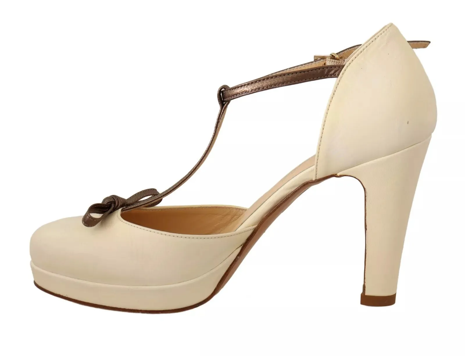 SERGIO LEVANTESI ivory Leather T-Strap Heels Sandals Women's Shoes (Pre-Owned)