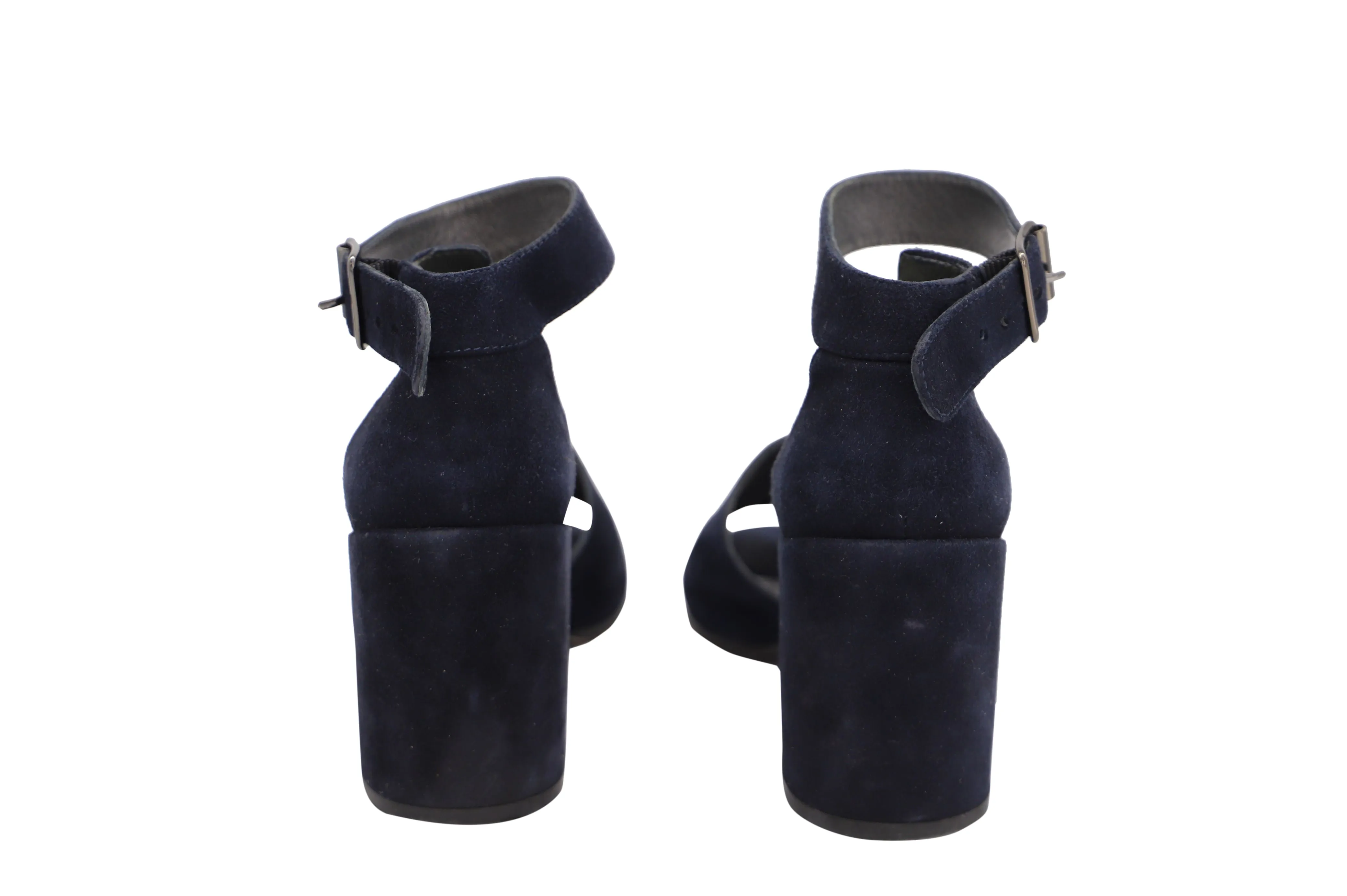 Stuart Weitzman Soho Gal Block Sandals in Navy Blue Suede