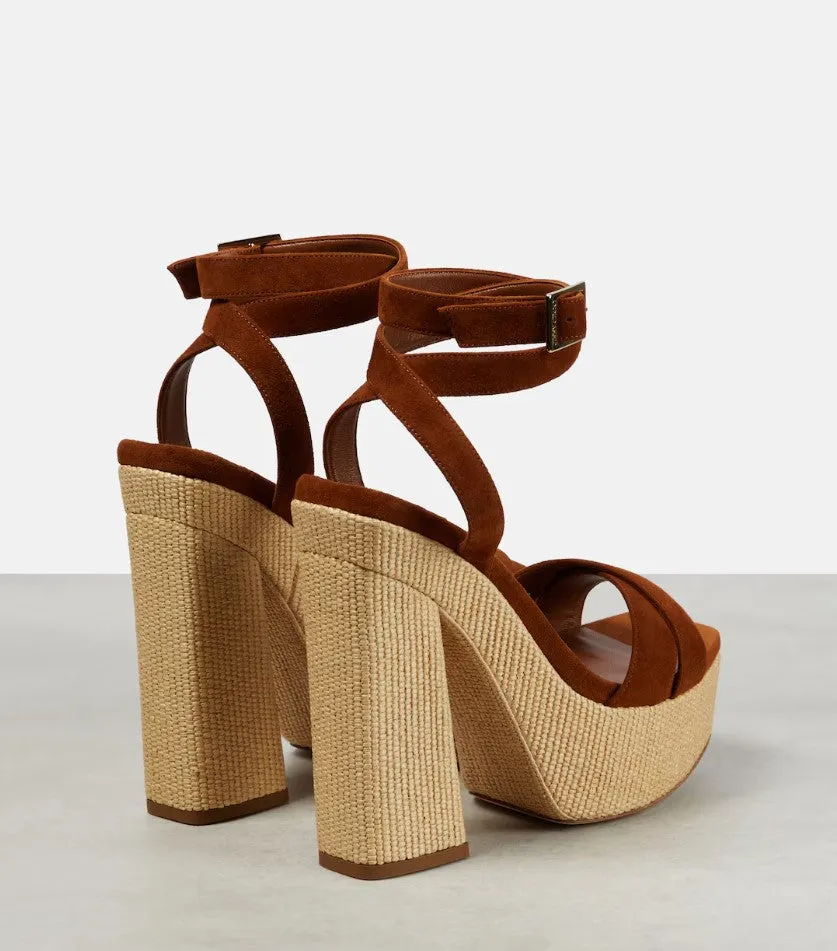 Suede Gaia Platform Sandals With Rafia Heel 14Cm