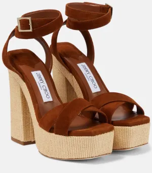 Suede Gaia Platform Sandals With Rafia Heel 14Cm