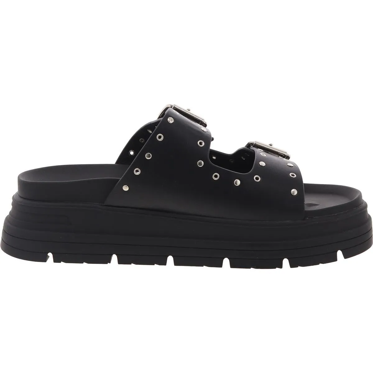 Underline Womens Studded Faux Leather Flatform Sandals