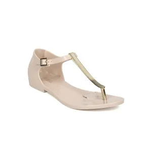 Women's Honey Chrome Jelly Metallic T-Strap Flat Sandal In Beige