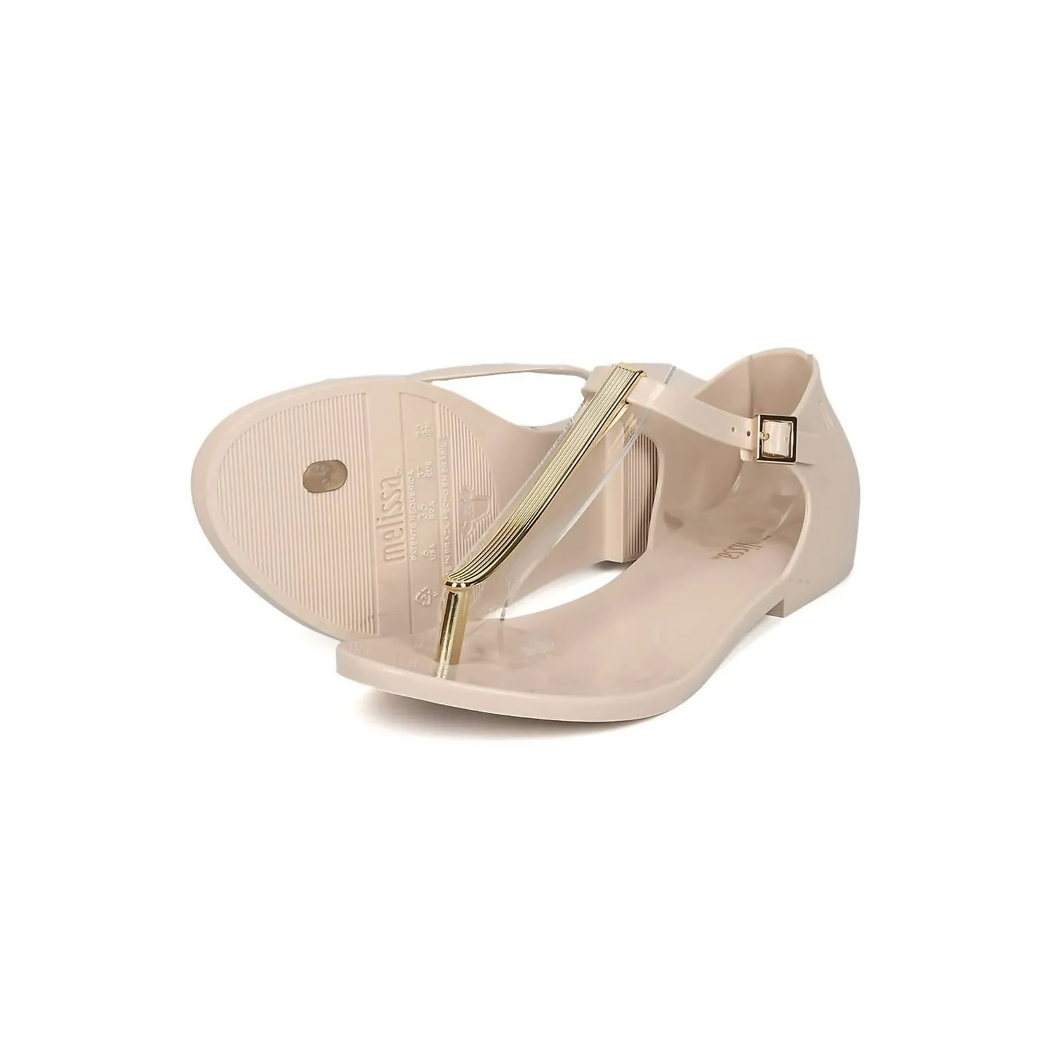 Women's Honey Chrome Jelly Metallic T-Strap Flat Sandal In Beige