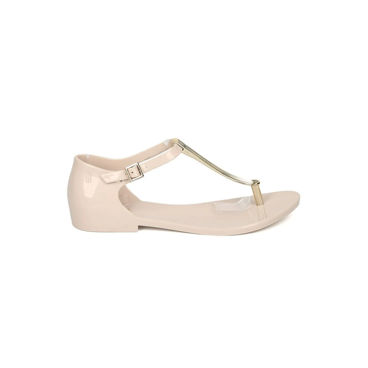 Women's Honey Chrome Jelly Metallic T-Strap Flat Sandal In Beige