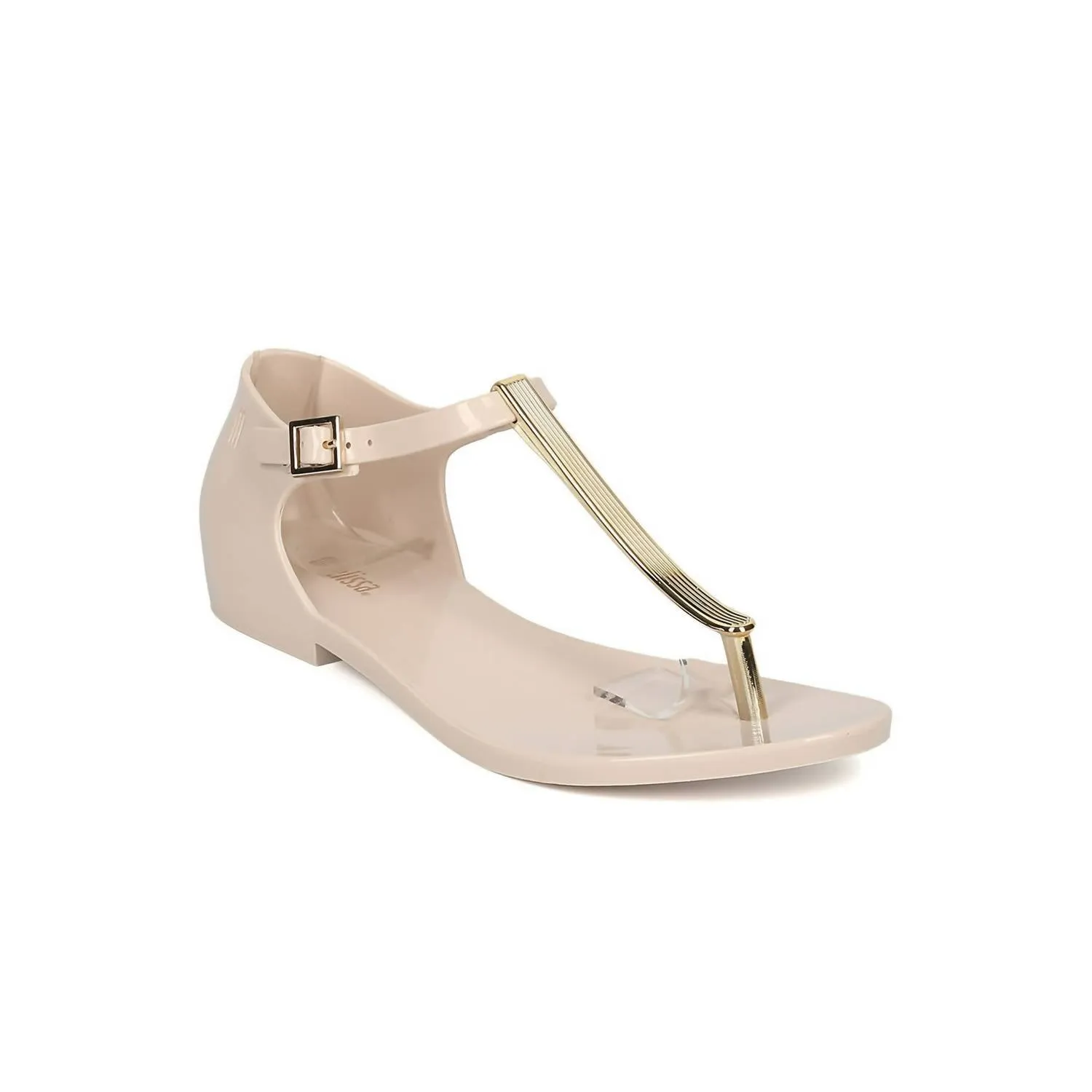 Women's Honey Chrome Jelly Metallic T-Strap Flat Sandal In Beige