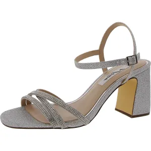 Womens Rhinestone Faux Leather Block Heel